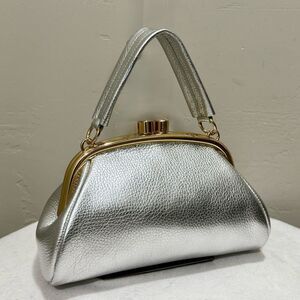 Silver Togo Cowhide Leather Handmade Kisslock Wristlet, Shoulder Bag, Crossbody